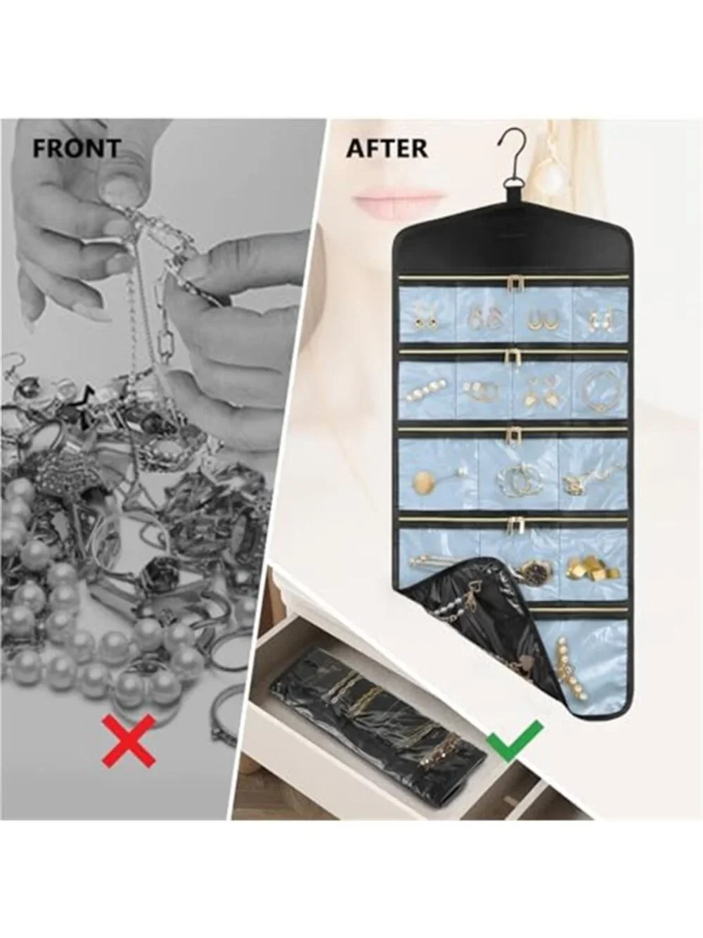 Hanging Jewelry Organizer Double Sided Necklace Earring Storage Bag Zipper